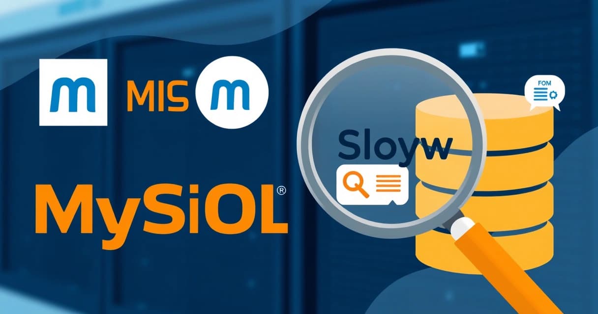 Диаграмма анализа данных с символами MySQL и увеличительным стеклом, показывающим медленные запросы.