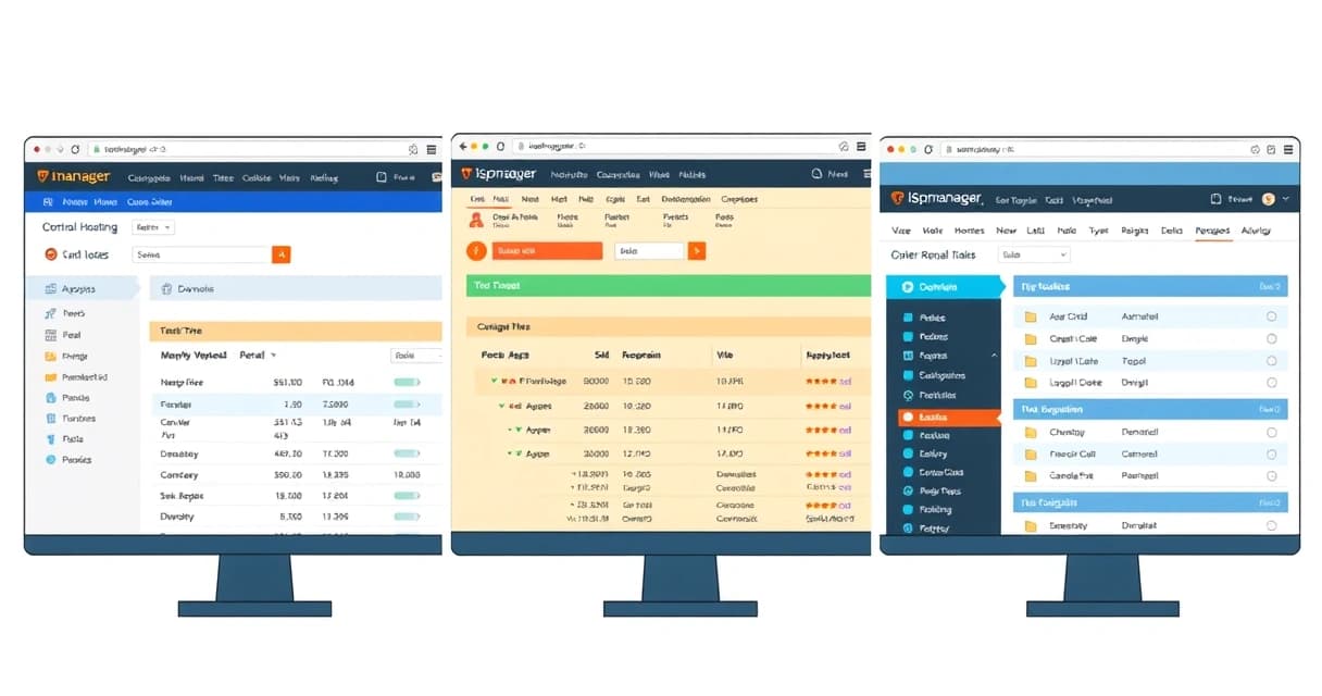 Сравнение интерфейсов панелей управления хостингом cPanel, DirectAdmin и ISPmanager, отображающих различные функциональные модули.