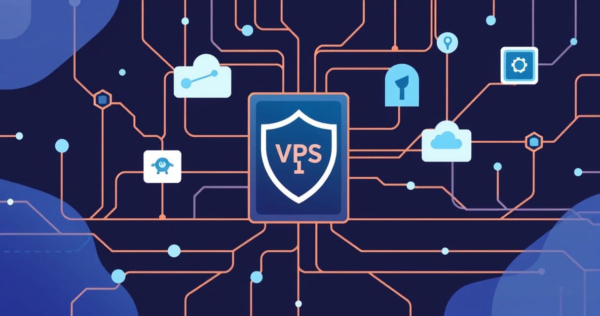Abstract digital illustration of a server rack with glowing data streams, representing a Virtual Private Server hosting a knowledge base application.