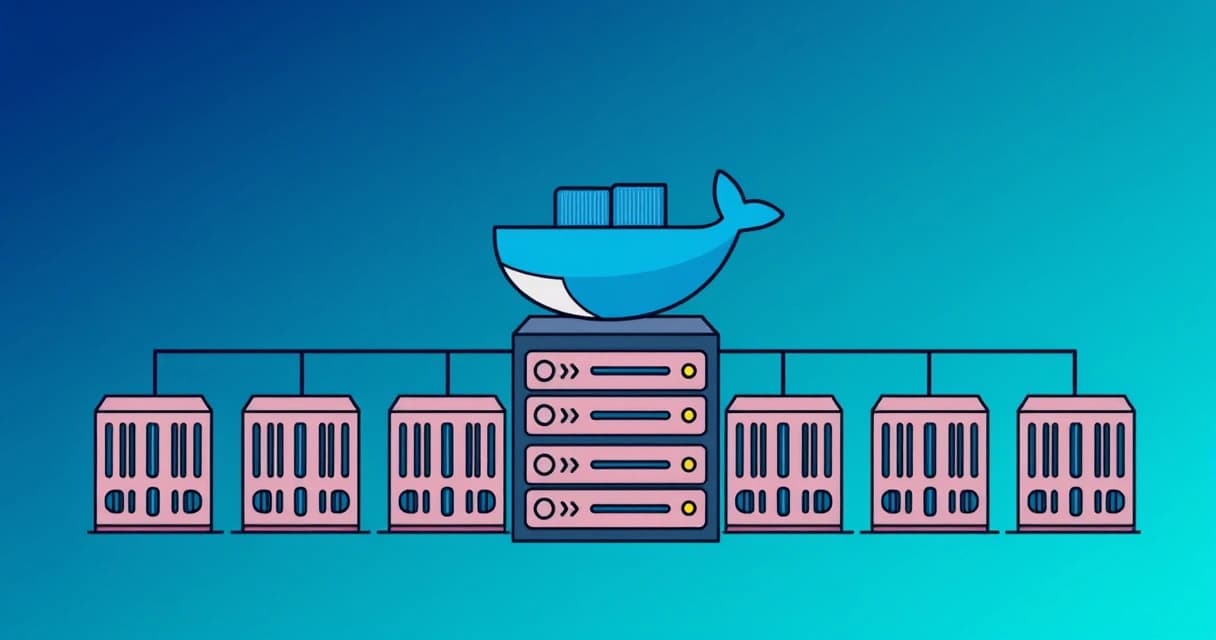 Иллюстрация Docker Swarm на одном VPS, показывающая контейнеры, управляемые центральным сервером, с акцентом на простоту и эффективность для малых проектов.