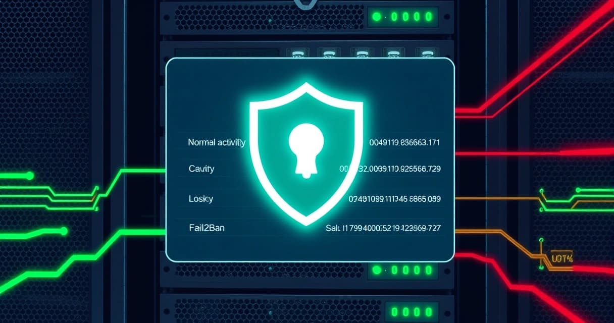 Иллюстрация защищенного сервера с экраном, показывающим логи Fail2Ban и заблокированные IP-адреса, символизирующая предотвращение кибератак.