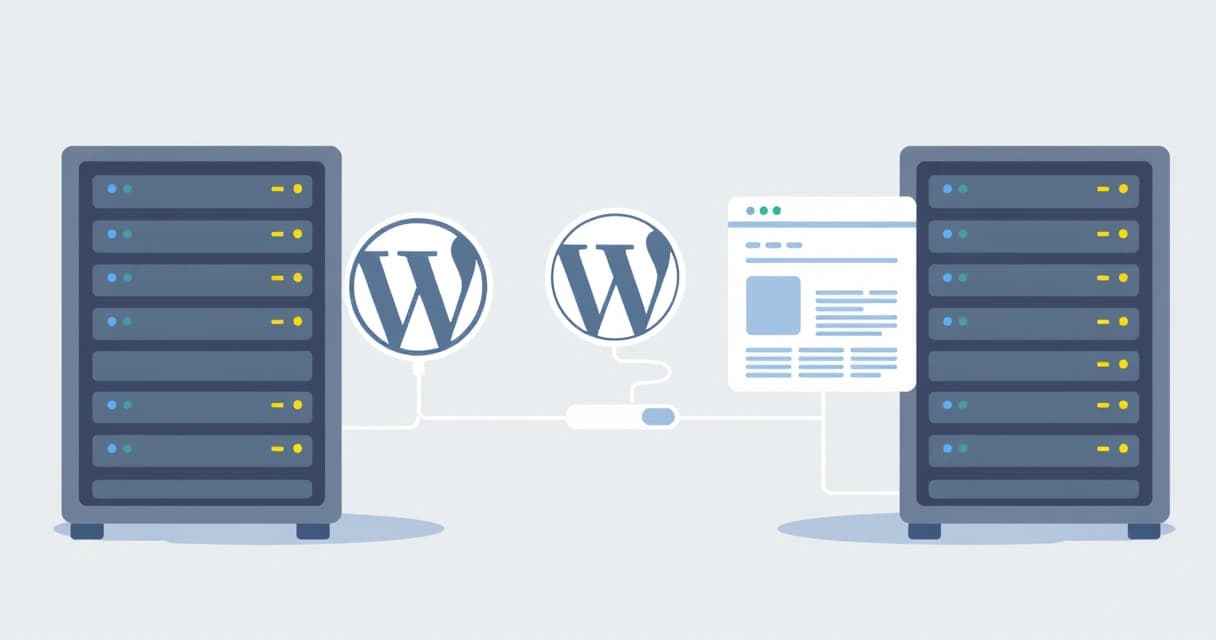 Иллюстрация процесса миграции WordPress сайта с одного сервера на другой без простоя, с обозначением шагов синхронизации данных и переключения DNS.
