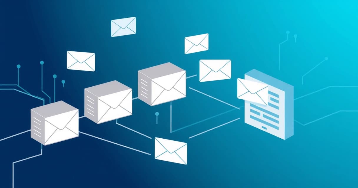 Иллюстрация: DNS-записи в виде блоков, указывающие на почтовый сервер с письмами. Концепция маршрутизации электронной почты.