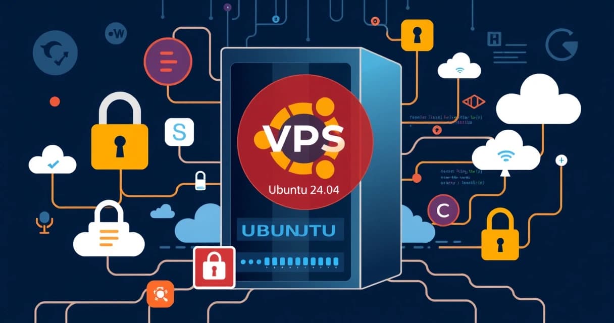 Иллюстрация VPS-сервера с логотипом Ubuntu 24.04, окруженного элементами безопасности, кода и сетевых соединений. На заднем плане — облачная инфраструктура и символы данных.
