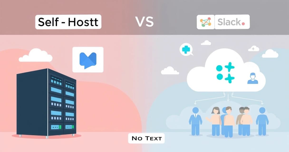 Сравнение двух платформ для командного общения, Mattermost и Slack, с акцентом на self-hosting и облачные решения, на фоне серверного оборудования и облачных символов.