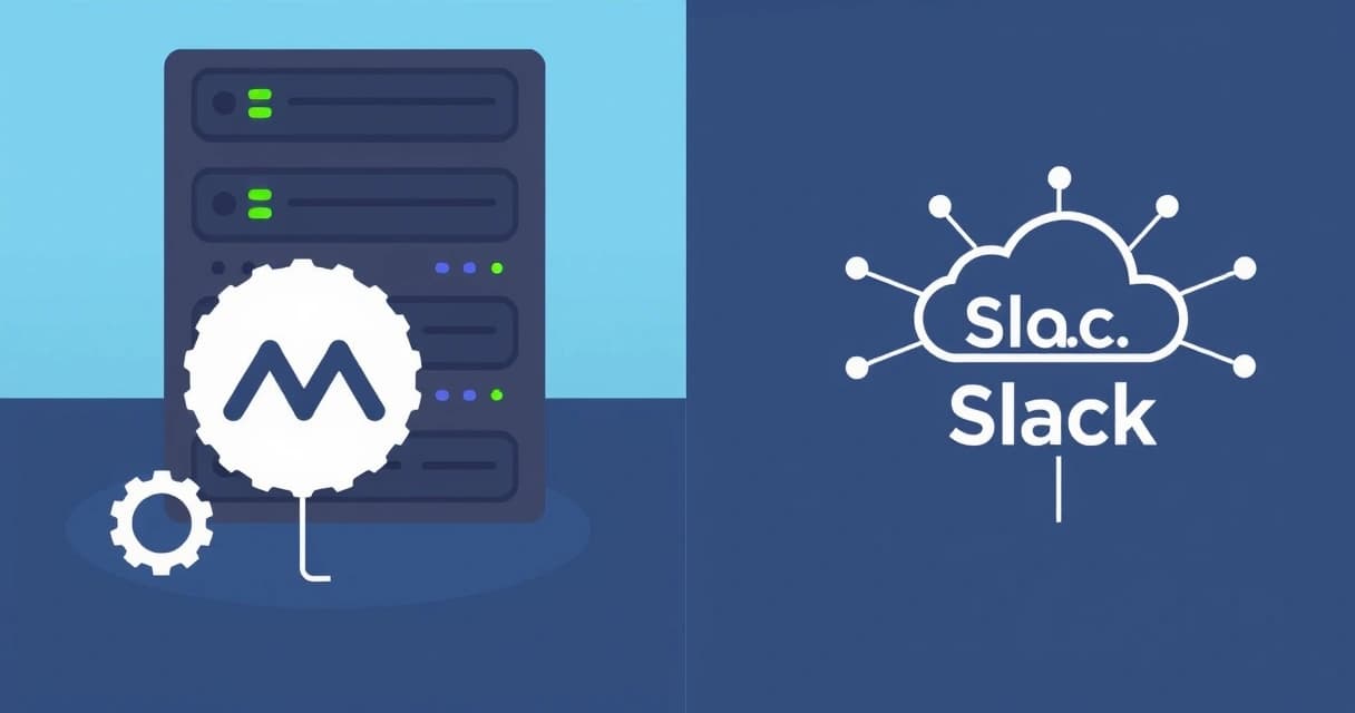 Comparison of Mattermost and Slack logos, illustrating self-hosted infrastructure versus cloud services, with data flowing to a server and a cloud icon.
