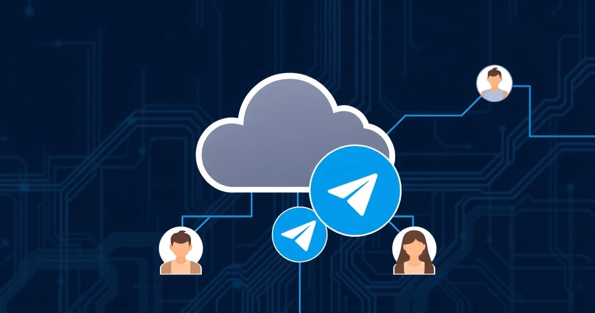 Диаграмма, показывающая Telegram бота, работающего на облачном сервере VPS, с потоками данных, соединяющими его с пользователями и базой данных.
