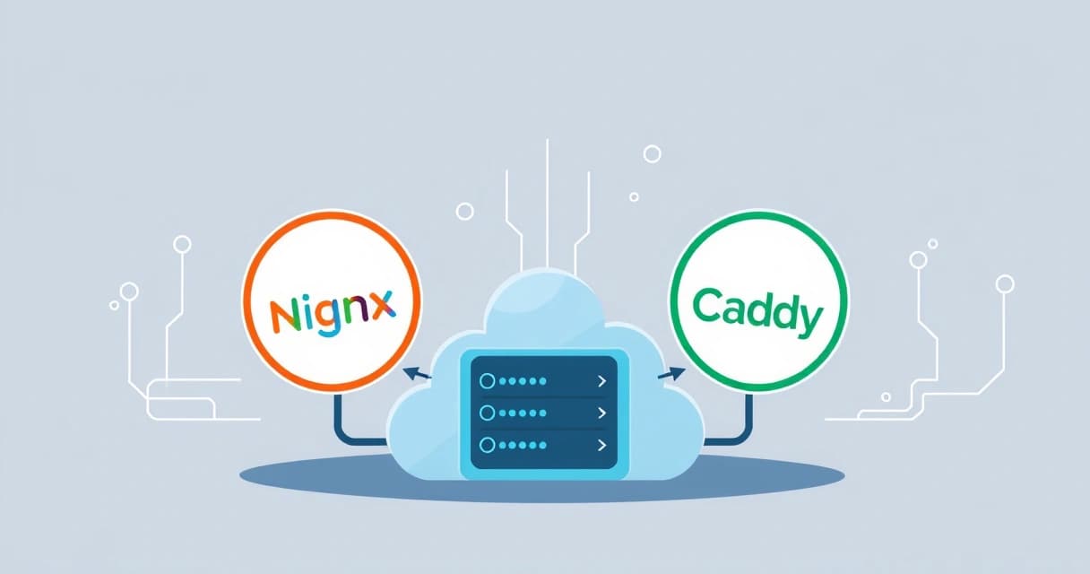Сравнение Nginx и Caddy, два разных веб-сервера, представленные как шестерни или символы, работающие на фоне небольшого облачного сервера VPS с элементами кода.