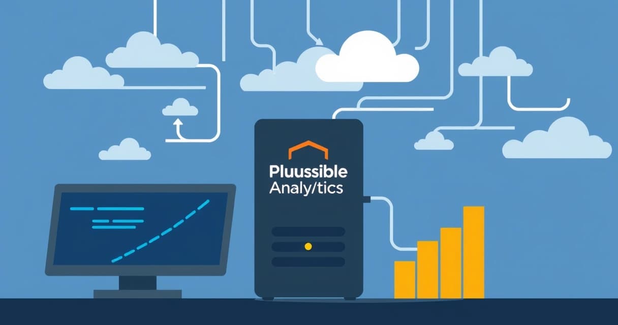 Иллюстрация: серверный шкаф с VPS-серверами и значком Plausible Analytics, символизирующая самохостинг аналитики на бюджетном сервере.