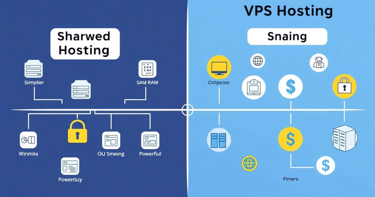 Сравнительная диаграмма или матрица решений между Shared Хостингом и VPS Хостингом, с иконками, представляющими производительность, стоимость, контроль и масштабируемость.