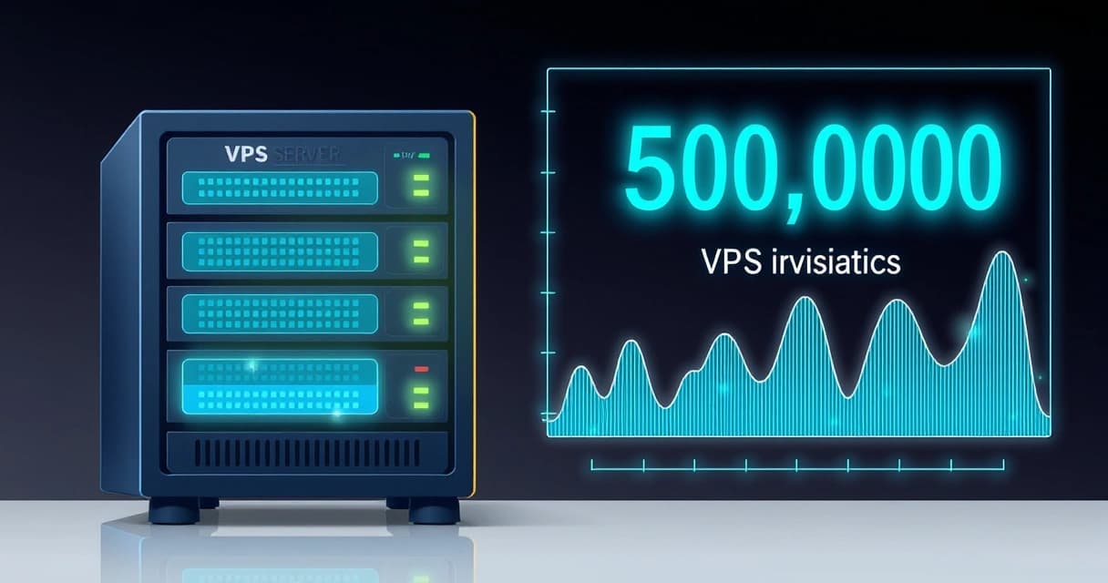 Иллюстрация VPS сервера с индикаторами ресурсов (CPU, RAM, Storage) и графиком трафика, показывающим 50 000 ежемесячных посетителей