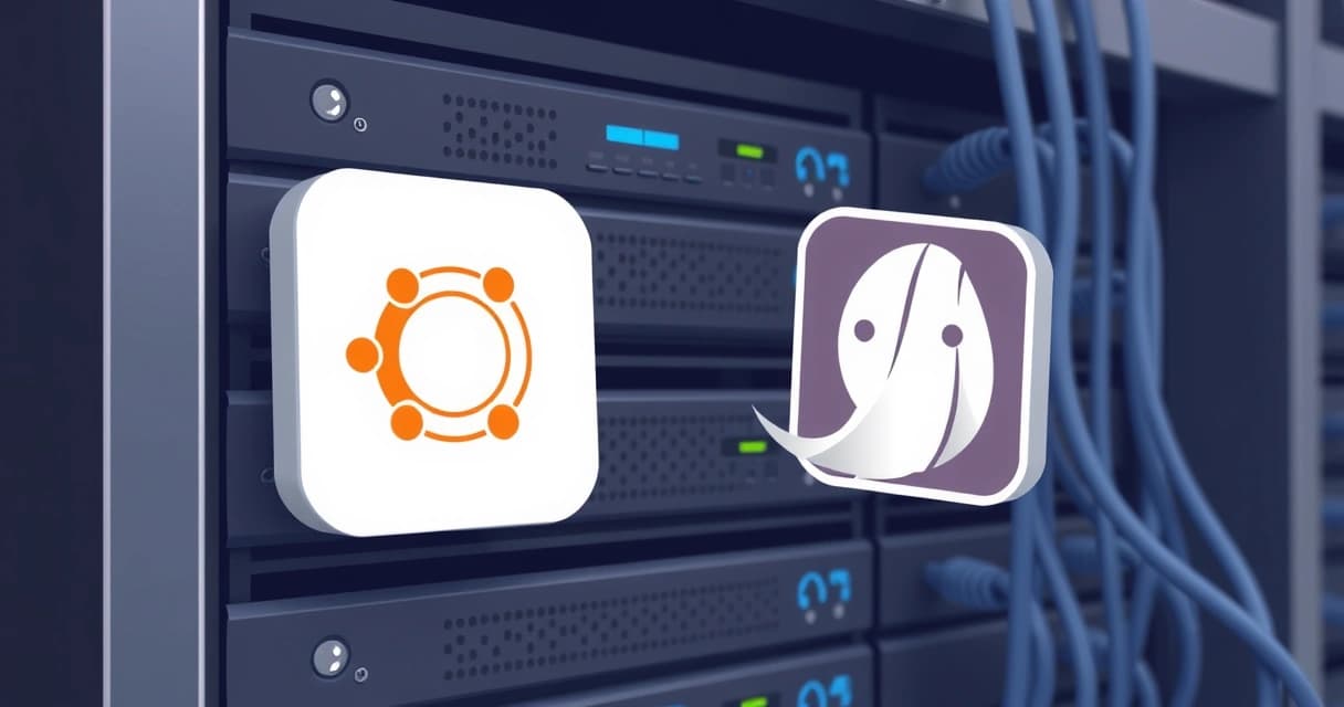 Иллюстрация: сервер Ubuntu 24.04 с логотипом Ghost CMS, символизирующая быструю и современную платформу для блогов.