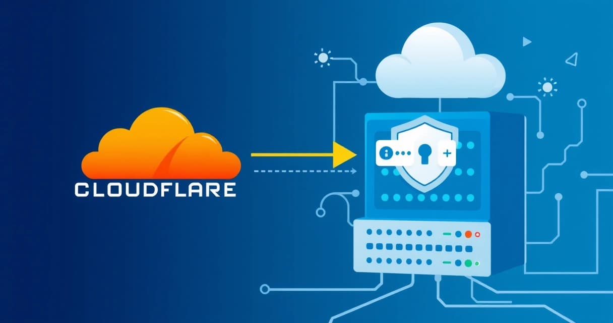 Иллюстрация безопасного туннеля Cloudflare, ведущего к иконке менеджера паролей Vaultwarden, расположенного на виртуальном сервере, с элементами кибербезопасности и облачных технологий.