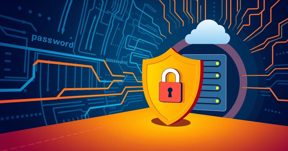 A secure, abstract representation of a self-hosted password manager with a Cloudflare Tunnel protecting it, showing data flowing through a shielded tunnel to a server, with a lock icon.