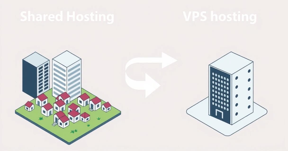 Сравнение Shared и VPS хостинга для интернет-магазина WooCommerce, демонстрирующее переход от маленького домика к большому изолированному зданию с контролем