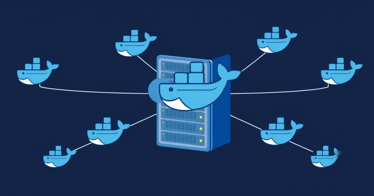Abstract digital illustration of a single virtual server hosting multiple interconnected Docker containers, representing a Docker Swarm deployment.