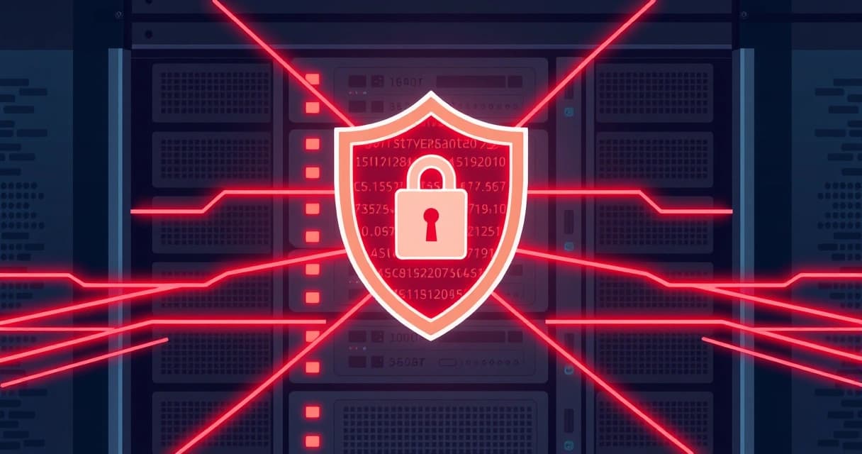 A digital illustration showing a server rack with a glowing shield icon, representing Fail2ban's security, with red lines indicating blocked malicious IP addresses.