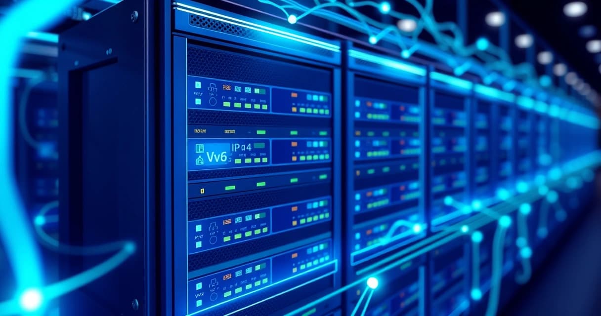 Abstract digital network lines connecting servers and data centers, illustrating IPv6 connectivity and dual-stack networking on a Virtual Private Server.