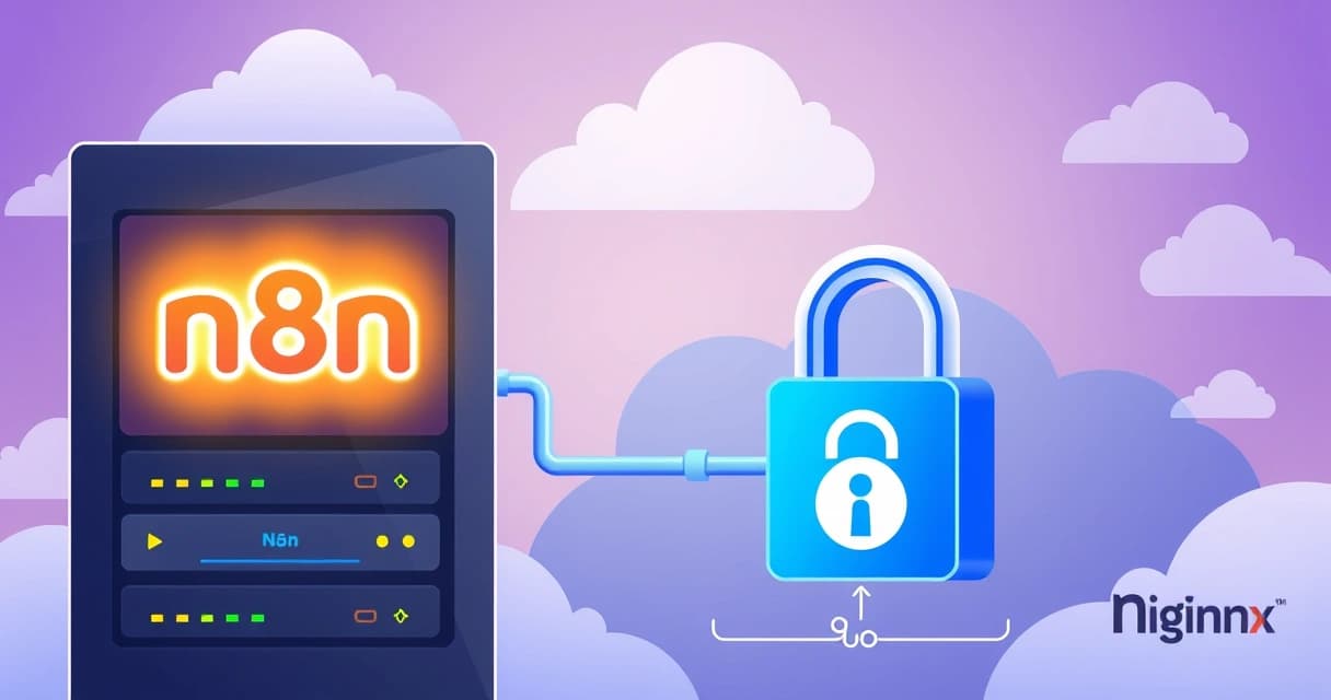 Diagram showing a VPS hosting n8n, connected to a database, with Nginx acting as a reverse proxy and Let's Encrypt providing SSL encryption.