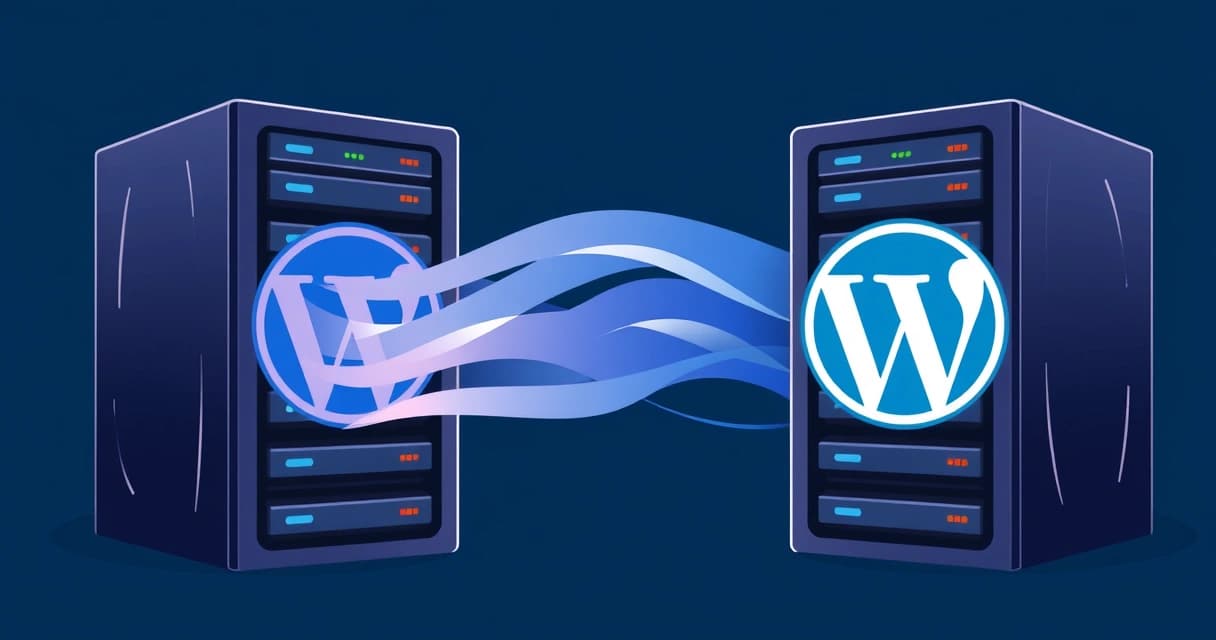Illustration of a WordPress logo seamlessly transitioning between two server racks, symbolizing zero-downtime migration with minimal disruption.