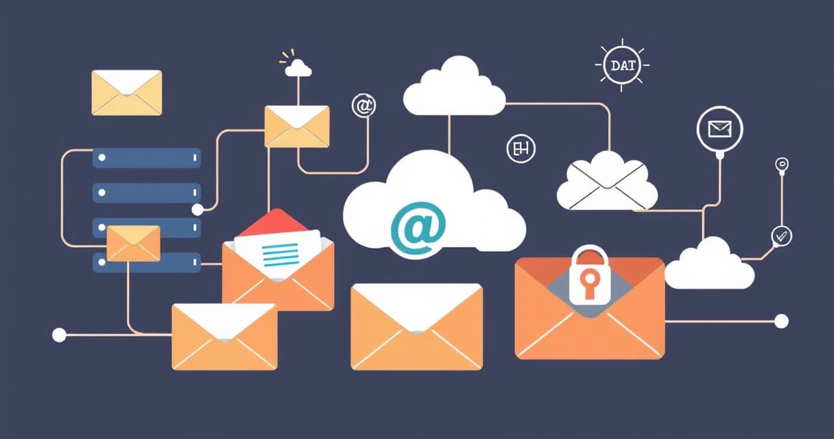 Abstract illustration of data flow with email envelopes moving between servers and cloud icons, symbolizing correct MX record configuration and email delivery.