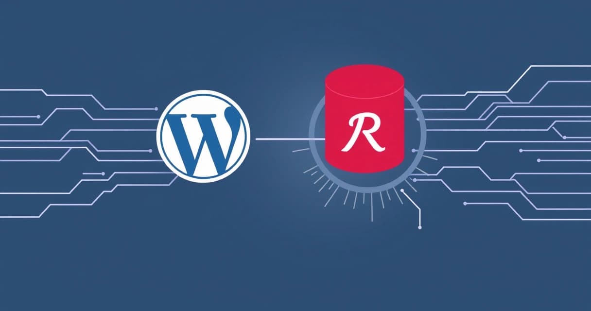Abstract illustration showing data flowing from a WordPress logo into a stylized Redis database icon, with speed lines indicating fast performance.