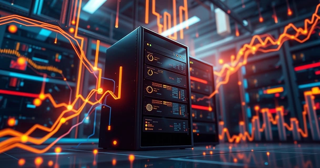 Abstract illustration of a database server with glowing data streams, representing query optimization and performance analysis.