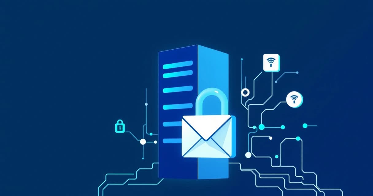 Abstract illustration representing email authentication protocols SPF, DKIM, and DMARC safeguarding a self-hosted mail server, depicted as a secure digital fortress with locks and data streams.