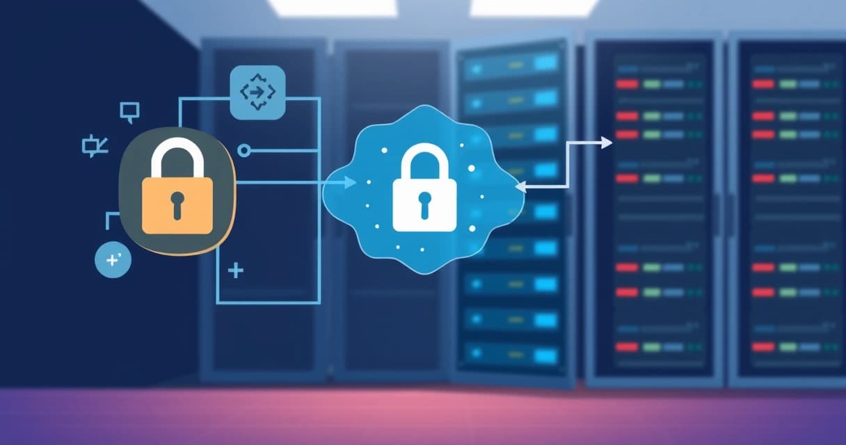 Abstract illustration of a secure data connection with key icons and a server rack, depicting SSH troubleshooting.