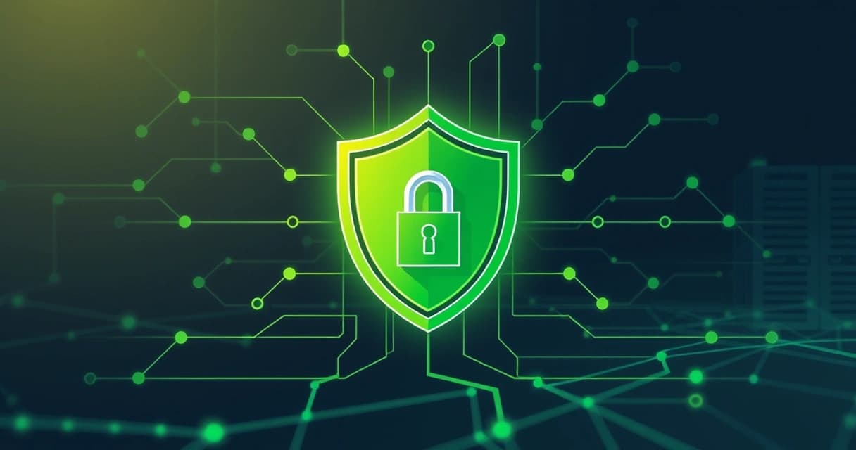 A digital illustration of a secure server rack with glowing green security shields and padlocks, representing a hardened Ubuntu 24.04 VPS.