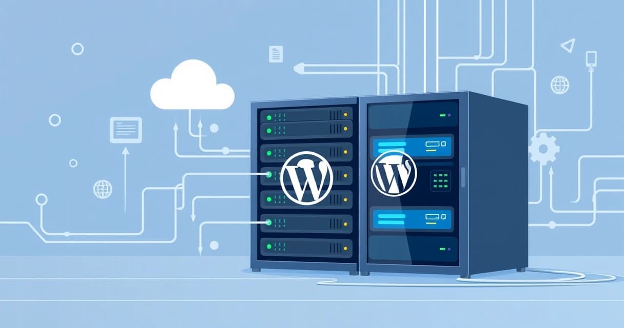 A high-performance VPS server rack with glowing lights, illustrating dedicated resources for a WordPress website handling 50,000 monthly visitors, with network cables and data flow.
