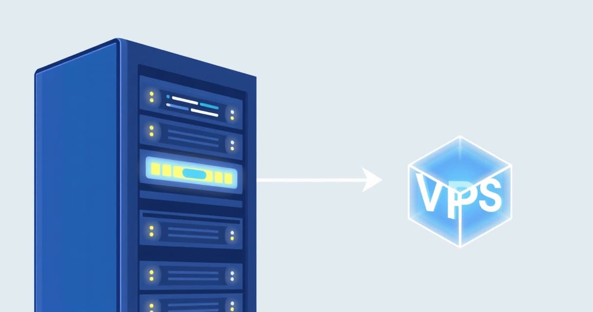 Illustration of a virtual server (VPS) evolving into a larger, more robust physical dedicated server, symbolizing growth and increased control.