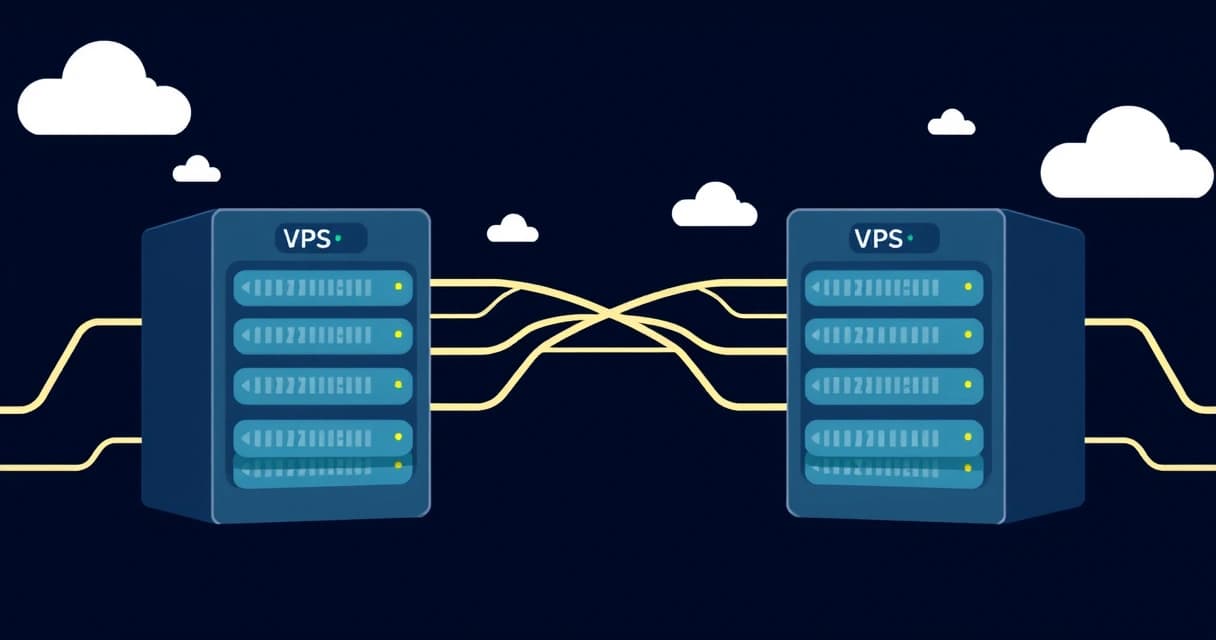 Illustrated depiction of data flowing seamlessly between two virtual private servers, symbolizing a zero-downtime migration with no interruptions.